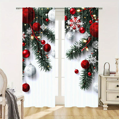 Christmas Ball & Leaf Design Curtains Set - Includes 2 Pieces, Rod Pocket, Digital Print Polyester Drapes for Living Room, Kitchen, Bedroom, Study, and Dining Room Decor, Clothing - Rod Not Included