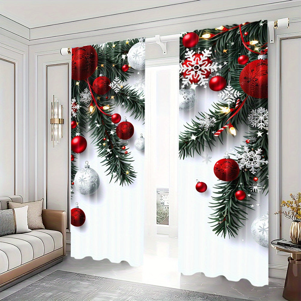 Christmas Ball & Leaf Design Curtains Set - Includes 2 Pieces, Rod Pocket, Digital Print Polyester Drapes for Living Room, Kitchen, Bedroom, Study, and Dining Room Decor, Clothing - Rod Not Included