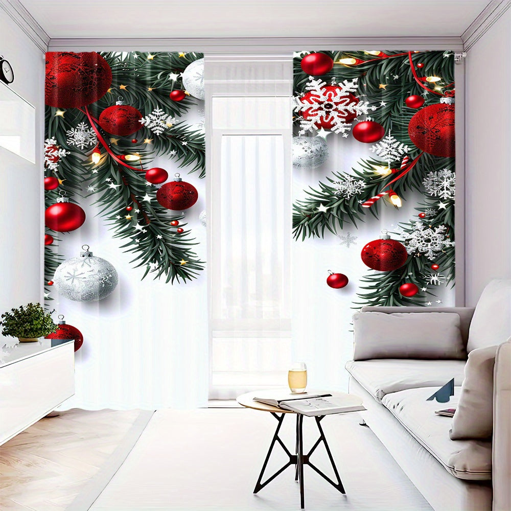 Christmas Ball & Leaf Design Curtains Set - Includes 2 Pieces, Rod Pocket, Digital Print Polyester Drapes for Living Room, Kitchen, Bedroom, Study, and Dining Room Decor, Clothing - Rod Not Included