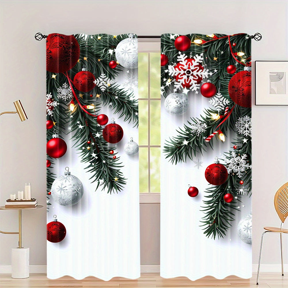 Christmas Ball & Leaf Design Curtains Set - Includes 2 Pieces, Rod Pocket, Digital Print Polyester Drapes for Living Room, Kitchen, Bedroom, Study, and Dining Room Decor, Clothing - Rod Not Included