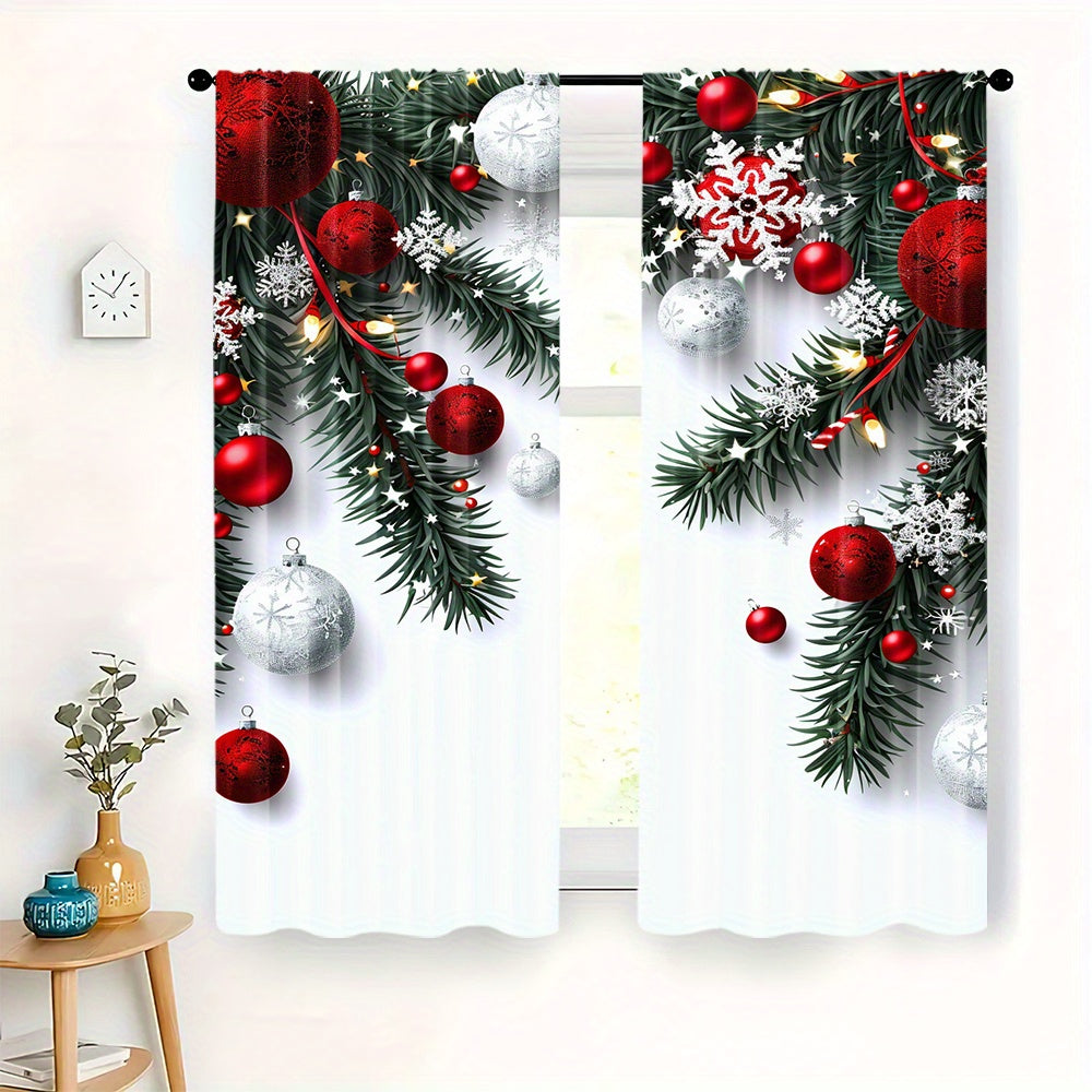 Christmas Ball & Leaf Design Curtains Set - Includes 2 Pieces, Rod Pocket, Digital Print Polyester Drapes for Living Room, Kitchen, Bedroom, Study, and Dining Room Decor, Clothing - Rod Not Included