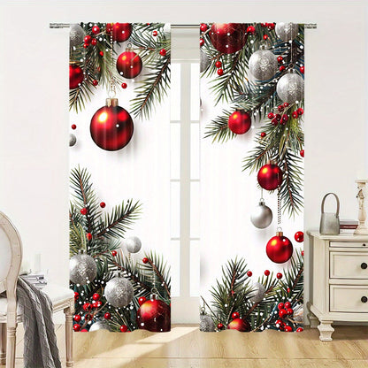 Christmas Ball & Leaf Design Curtains - 2 Piece Set, Rod Pocket Style, Printed Polyester Drapes for Living Room, Kitchen, Bedroom, or Study - Festive Home Decor (Rod Not Included)