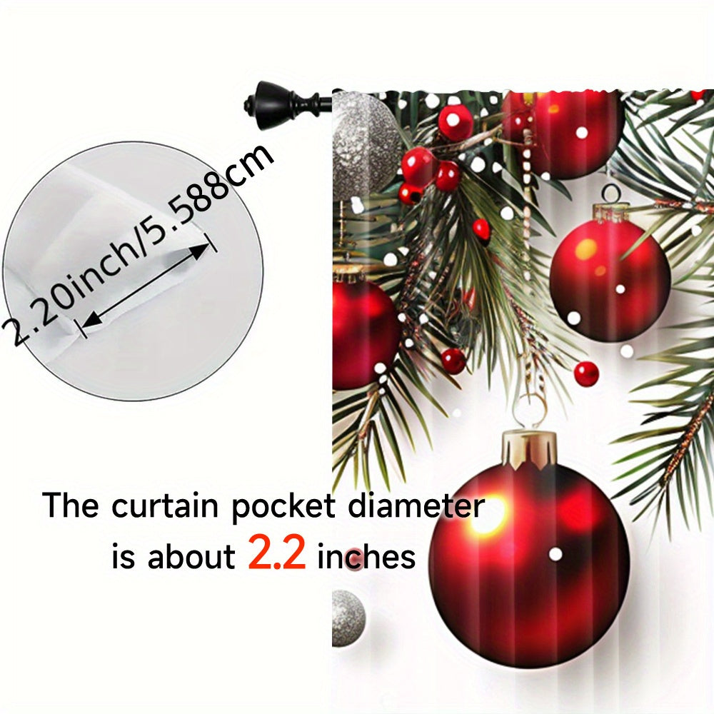 Christmas Ball & Leaf Design Curtains - 2 Piece Set, Rod Pocket Style, Printed Polyester Drapes for Living Room, Kitchen, Bedroom, or Study - Festive Home Decor (Rod Not Included)