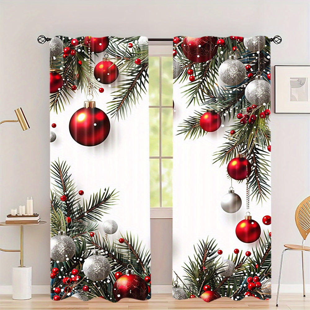 Christmas Ball & Leaf Design Curtains - 2 Piece Set, Rod Pocket Style, Printed Polyester Drapes for Living Room, Kitchen, Bedroom, or Study - Festive Home Decor (Rod Not Included)