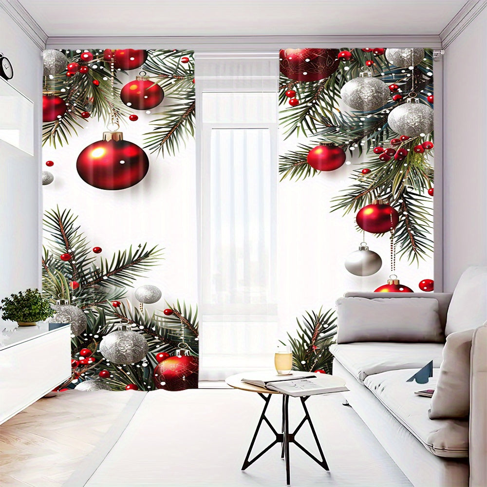 Christmas Ball & Leaf Design Curtains - 2 Piece Set, Rod Pocket Style, Printed Polyester Drapes for Living Room, Kitchen, Bedroom, or Study - Festive Home Decor (Rod Not Included)