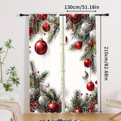 Christmas Ball & Leaf Design Curtains - 2 Piece Set, Rod Pocket Style, Printed Polyester Drapes for Living Room, Kitchen, Bedroom, or Study - Festive Home Decor (Rod Not Included)