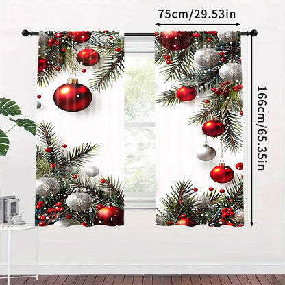 Christmas Ball & Leaf Design Curtains - 2 Piece Set, Rod Pocket Style, Printed Polyester Drapes for Living Room, Kitchen, Bedroom, or Study - Festive Home Decor (Rod Not Included)