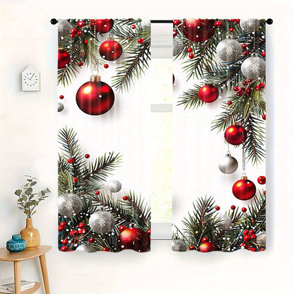 Christmas Ball & Leaf Design Curtains - 2 Piece Set, Rod Pocket Style, Printed Polyester Drapes for Living Room, Kitchen, Bedroom, or Study - Festive Home Decor (Rod Not Included)