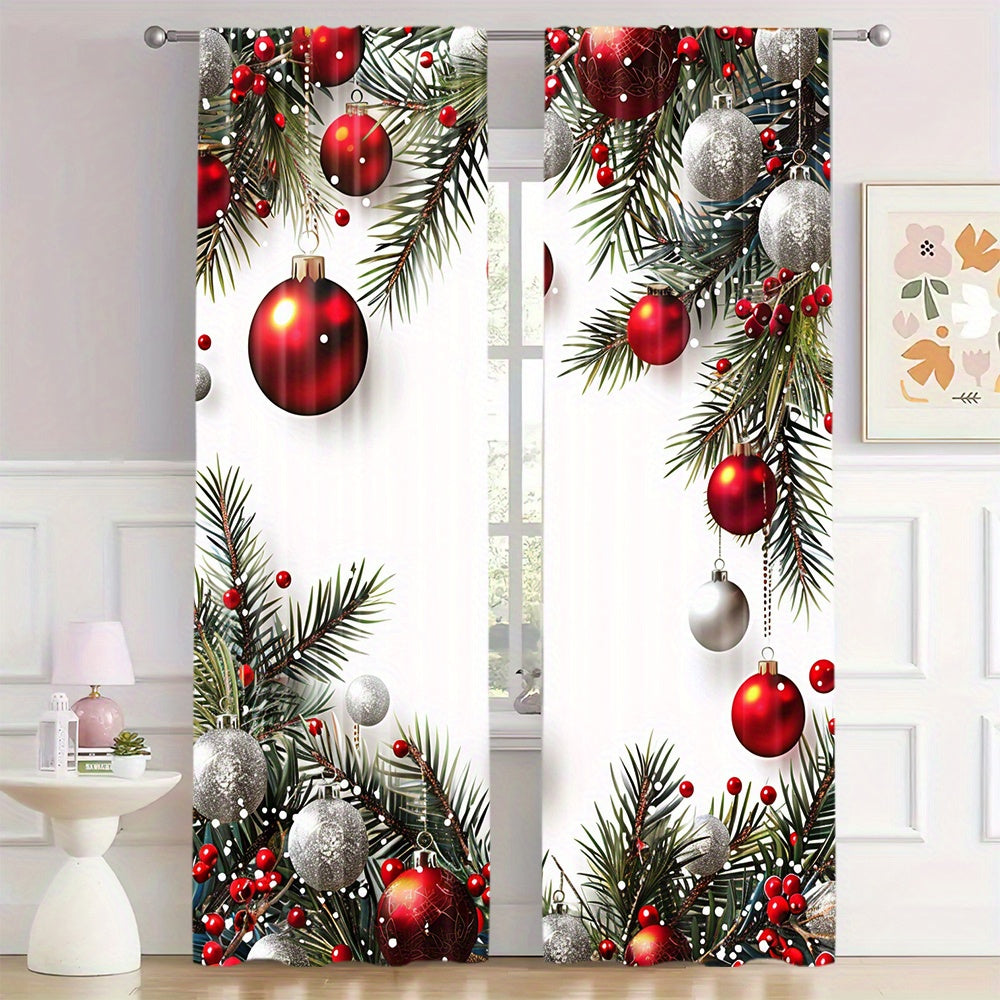 Christmas Ball & Leaf Design Curtains - 2 Piece Set, Rod Pocket Style, Printed Polyester Drapes for Living Room, Kitchen, Bedroom, or Study - Festive Home Decor (Rod Not Included)