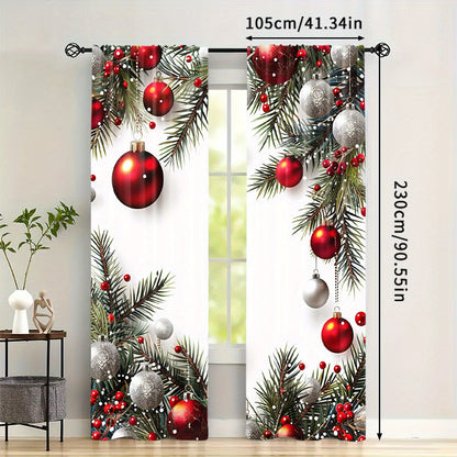 Christmas Ball & Leaf Design Curtains - 2 Piece Set, Rod Pocket Style, Printed Polyester Drapes for Living Room, Kitchen, Bedroom, or Study - Festive Home Decor (Rod Not Included)