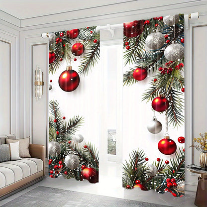 Christmas Ball & Leaf Design Curtains - 2 Piece Set, Rod Pocket Style, Printed Polyester Drapes for Living Room, Kitchen, Bedroom, or Study - Festive Home Decor (Rod Not Included)