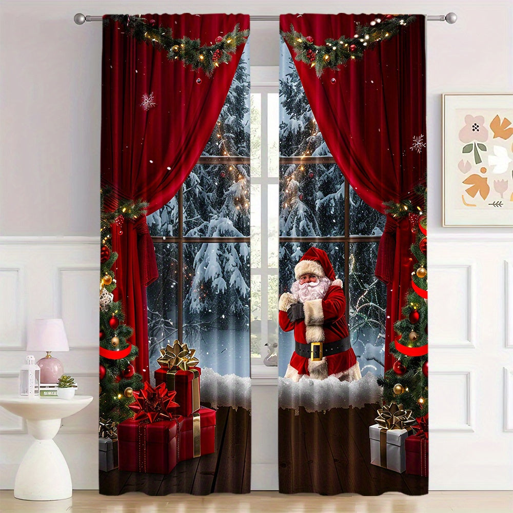 2 pieces of Christmas style Santa Claus curtains, featuring a rod pocket mount and digital printed design. Made of polyester material, these curtains are suitable for the living room, kitchen, bedroom, study, dining room, and home decor. Rod is not