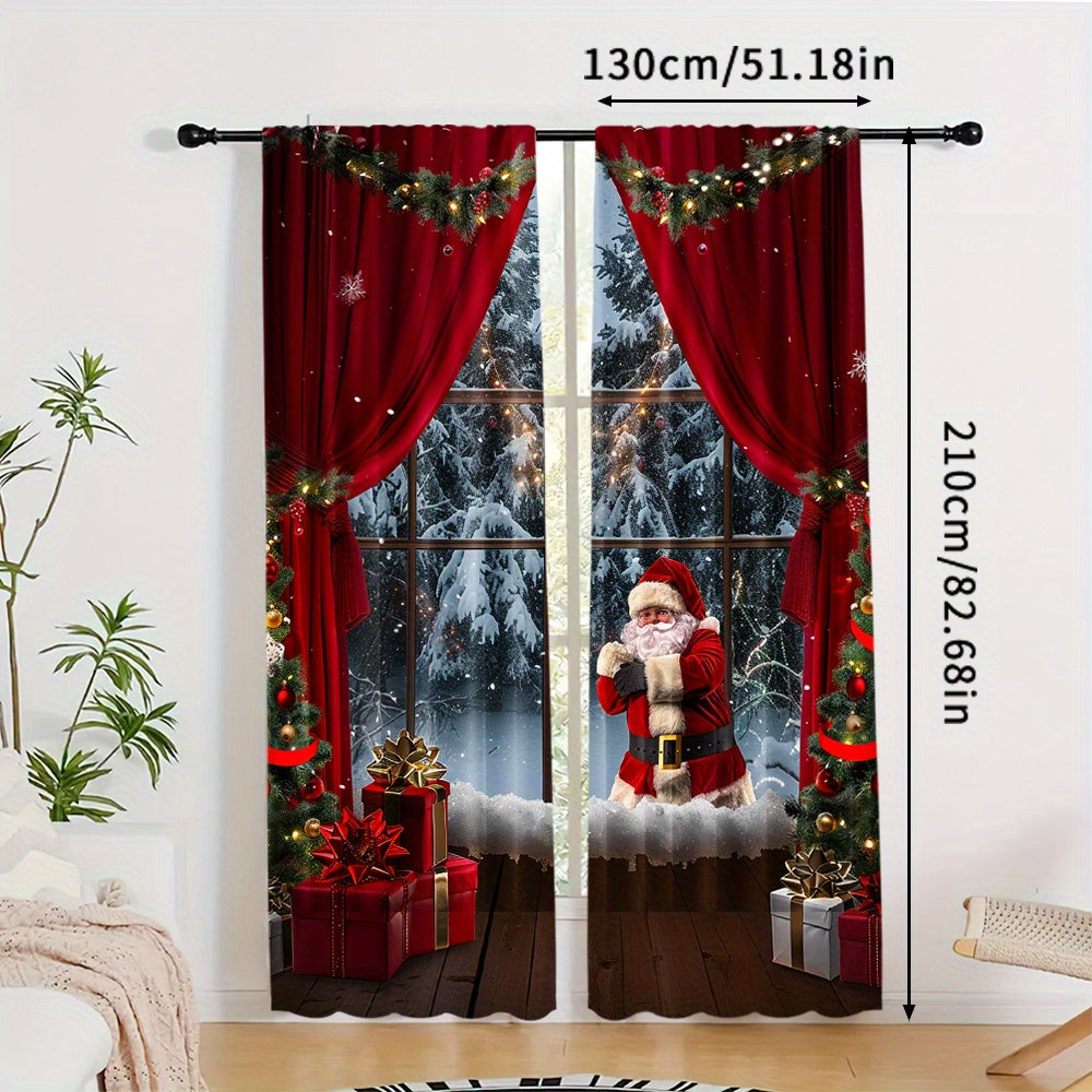 2 pieces of Christmas style Santa Claus curtains, featuring a rod pocket mount and digital printed design. Made of polyester material, these curtains are suitable for the living room, kitchen, bedroom, study, dining room, and home decor. Rod is not