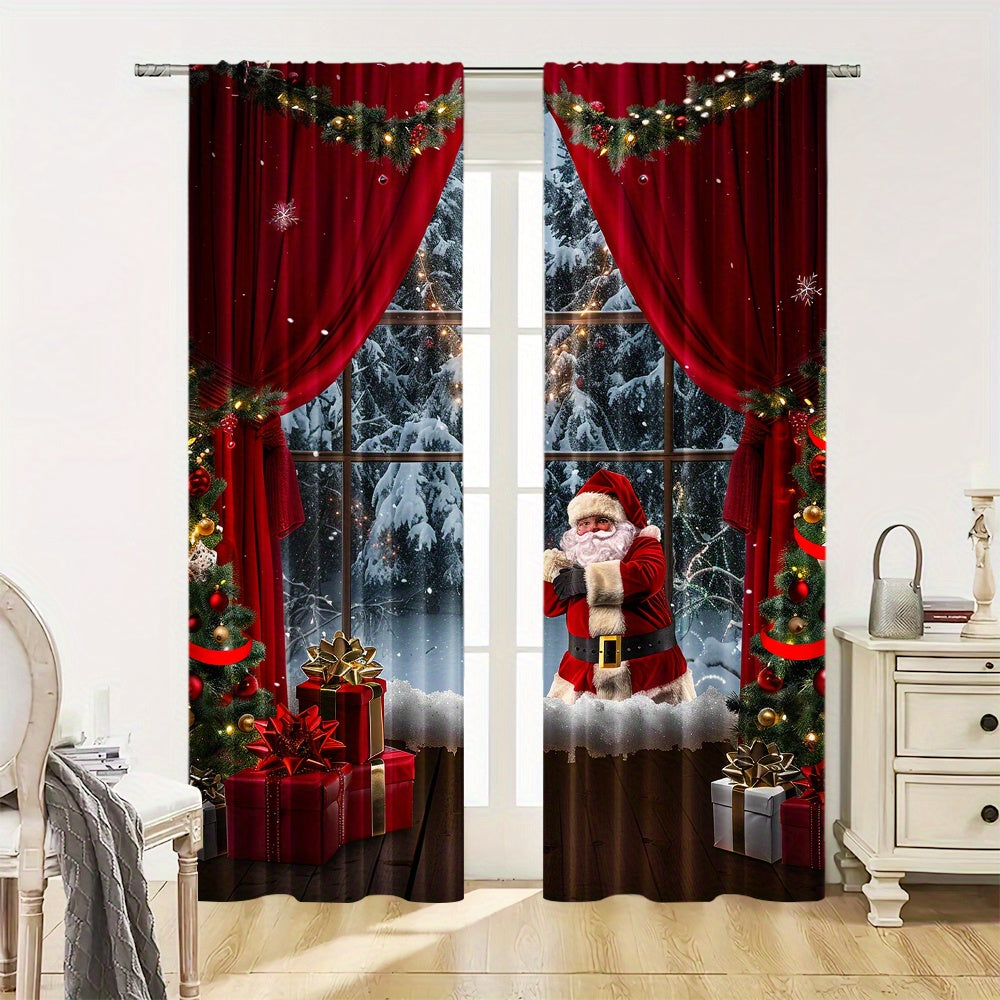 2 pieces of Christmas style Santa Claus curtains, featuring a rod pocket mount and digital printed design. Made of polyester material, these curtains are suitable for the living room, kitchen, bedroom, study, dining room, and home decor. Rod is not