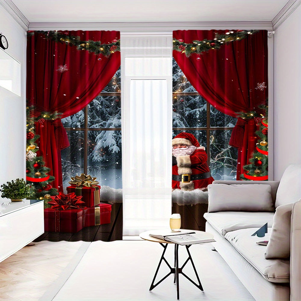 2 pieces of Christmas style Santa Claus curtains, featuring a rod pocket mount and digital printed design. Made of polyester material, these curtains are suitable for the living room, kitchen, bedroom, study, dining room, and home decor. Rod is not