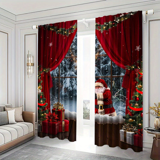 2 pieces of Christmas style Santa Claus curtains, featuring a rod pocket mount and digital printed design. Made of polyester material, these curtains are suitable for the living room, kitchen, bedroom, study, dining room, and home decor. Rod is not