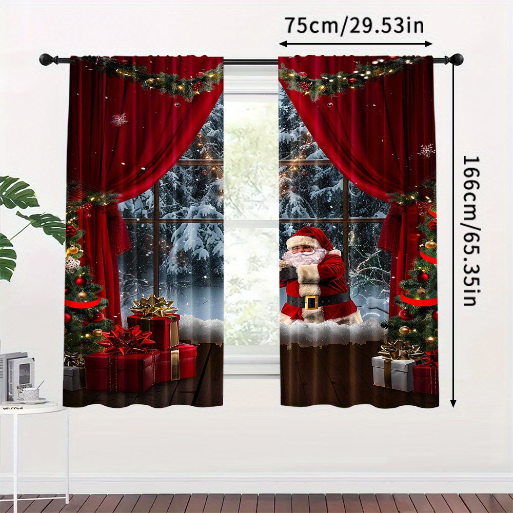 2 pieces of Christmas style Santa Claus curtains, featuring a rod pocket mount and digital printed design. Made of polyester material, these curtains are suitable for the living room, kitchen, bedroom, study, dining room, and home decor. Rod is not