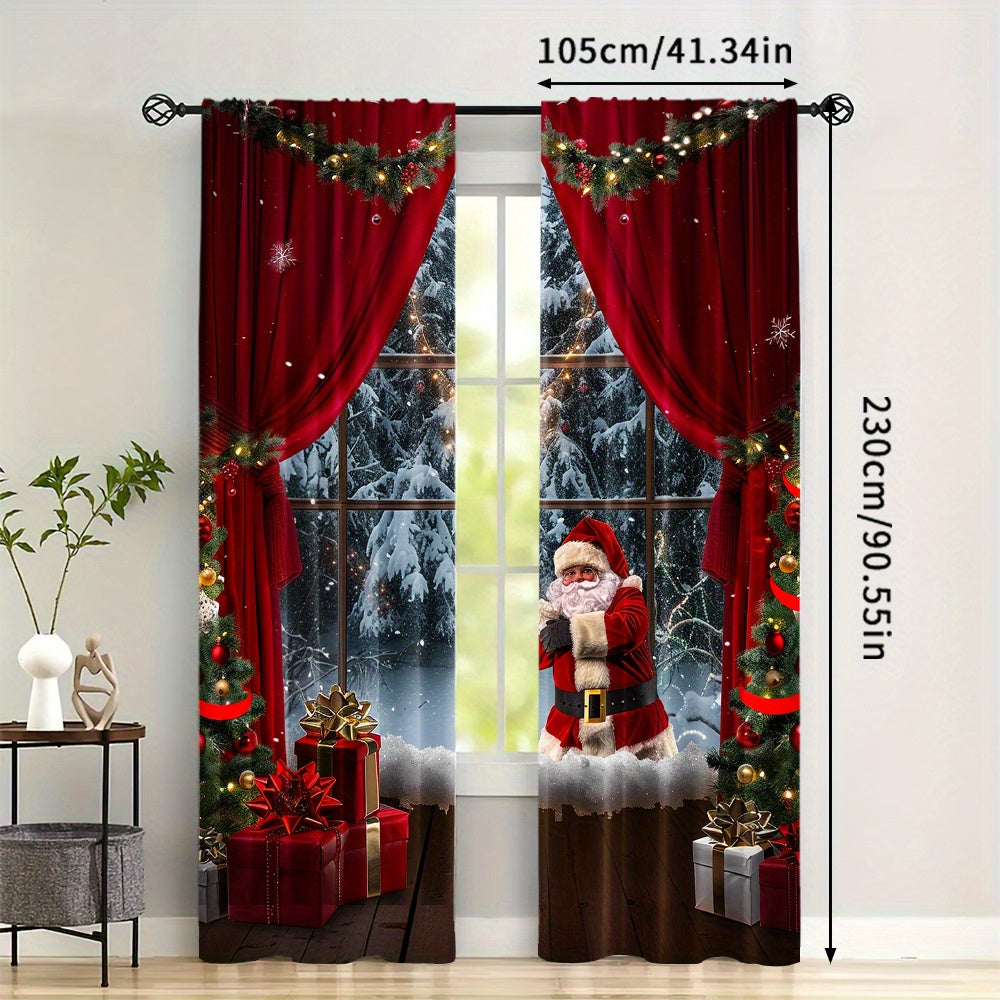 2 pieces of Christmas style Santa Claus curtains, featuring a rod pocket mount and digital printed design. Made of polyester material, these curtains are suitable for the living room, kitchen, bedroom, study, dining room, and home decor. Rod is not