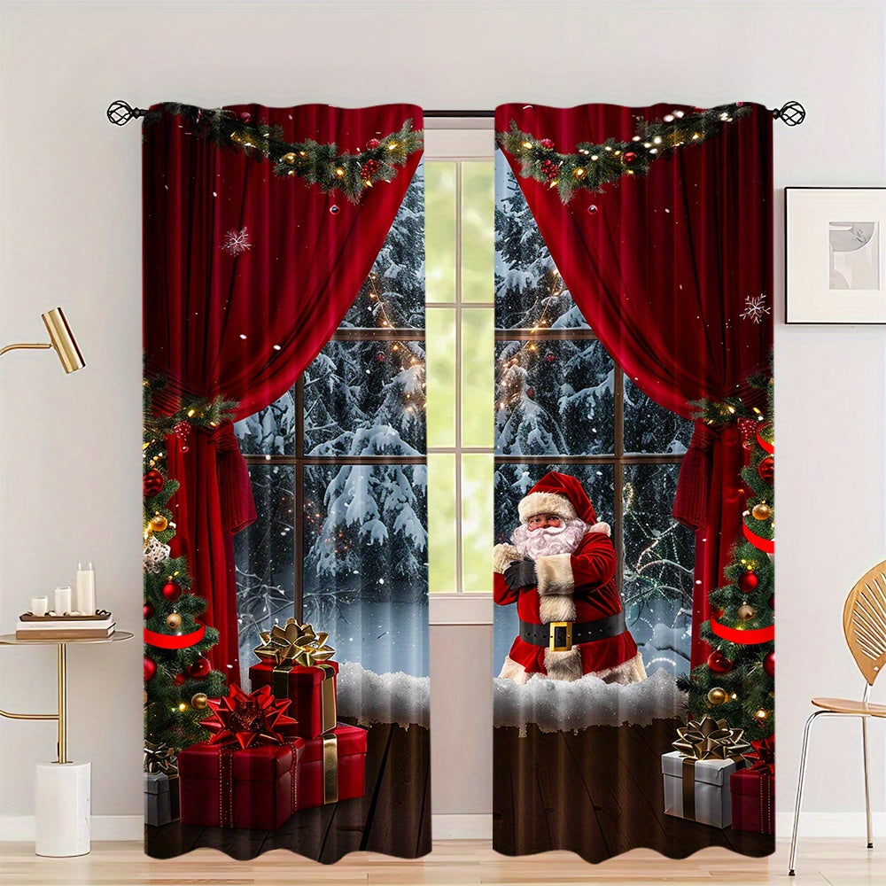 2 pieces of Christmas style Santa Claus curtains, featuring a rod pocket mount and digital printed design. Made of polyester material, these curtains are suitable for the living room, kitchen, bedroom, study, dining room, and home decor. Rod is not