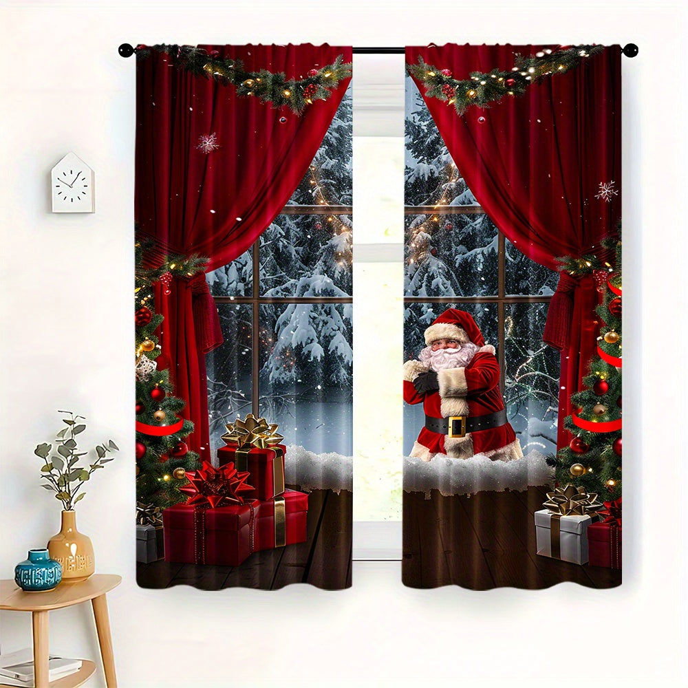 2 pieces of Christmas style Santa Claus curtains, featuring a rod pocket mount and digital printed design. Made of polyester material, these curtains are suitable for the living room, kitchen, bedroom, study, dining room, and home decor. Rod is not