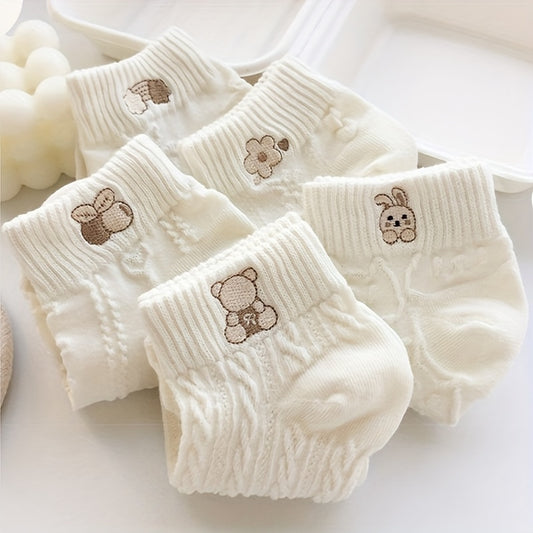 Five pairs of adorable ankle socks with cartoon patterns, breathable woven design, and cute embossed details, perfect for women's stockings.