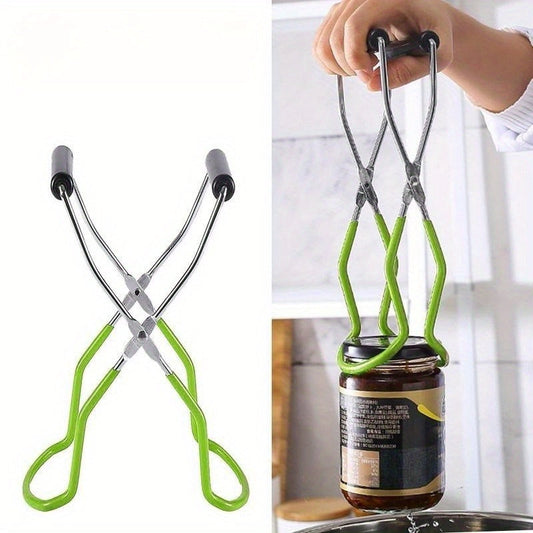 Green High-Quality Wide Mouth Canning Jar Lifter Tongs, Anti-Scald Non-Slip Feeding Bottle Clip made of Durable Iron and Vinyl Coated Material, measuring 22.5x15cm.