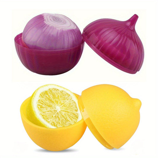 Set of 2 Lemon & Onion Food Saver Containers - Versatile Plastic Storage Bins for Freezing, Easy to Clean, No Electricity Required - Perfect for Preserving Fruits & Vegetables in Fun Shapes