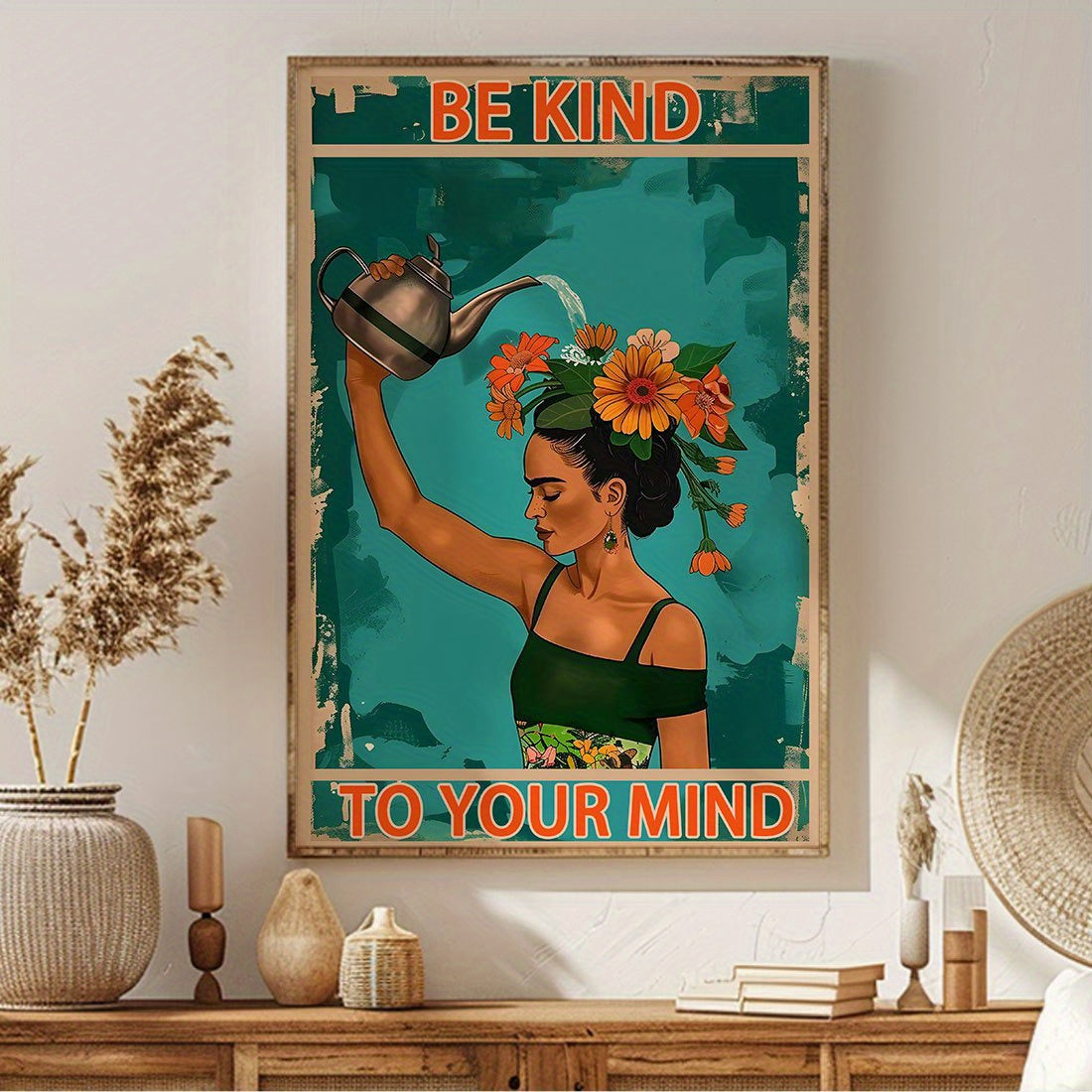 Floral "Be Kind to Your Mind" Canvas Art Print for Living Room, Home Office, or Bedroom - Portrait Orientation, People Theme, Frameless Seasonal Wall Art for Fall/Winter.