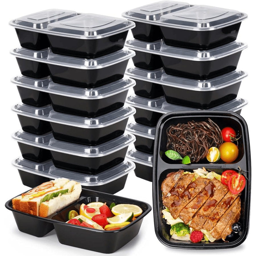 Five pieces of multipurpose meal prep containers that come in a 2-compartment design, leak-proof, made of oven-safe plastic material, stackable, and safe for use in the microwave, freezer, and dishwasher.