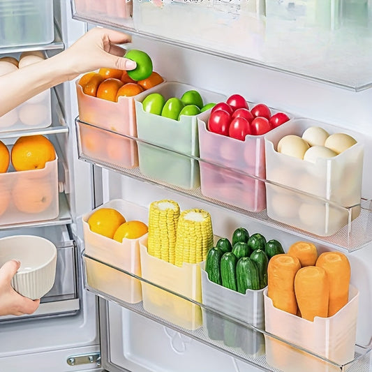 Six clear refrigerator storage bins with convenient handles, free from BPA, designed for saving space in your kitchen and keeping it organized. These modern food sorting boxes are safe for food contact and ideal for use on fridge doors and countertops.