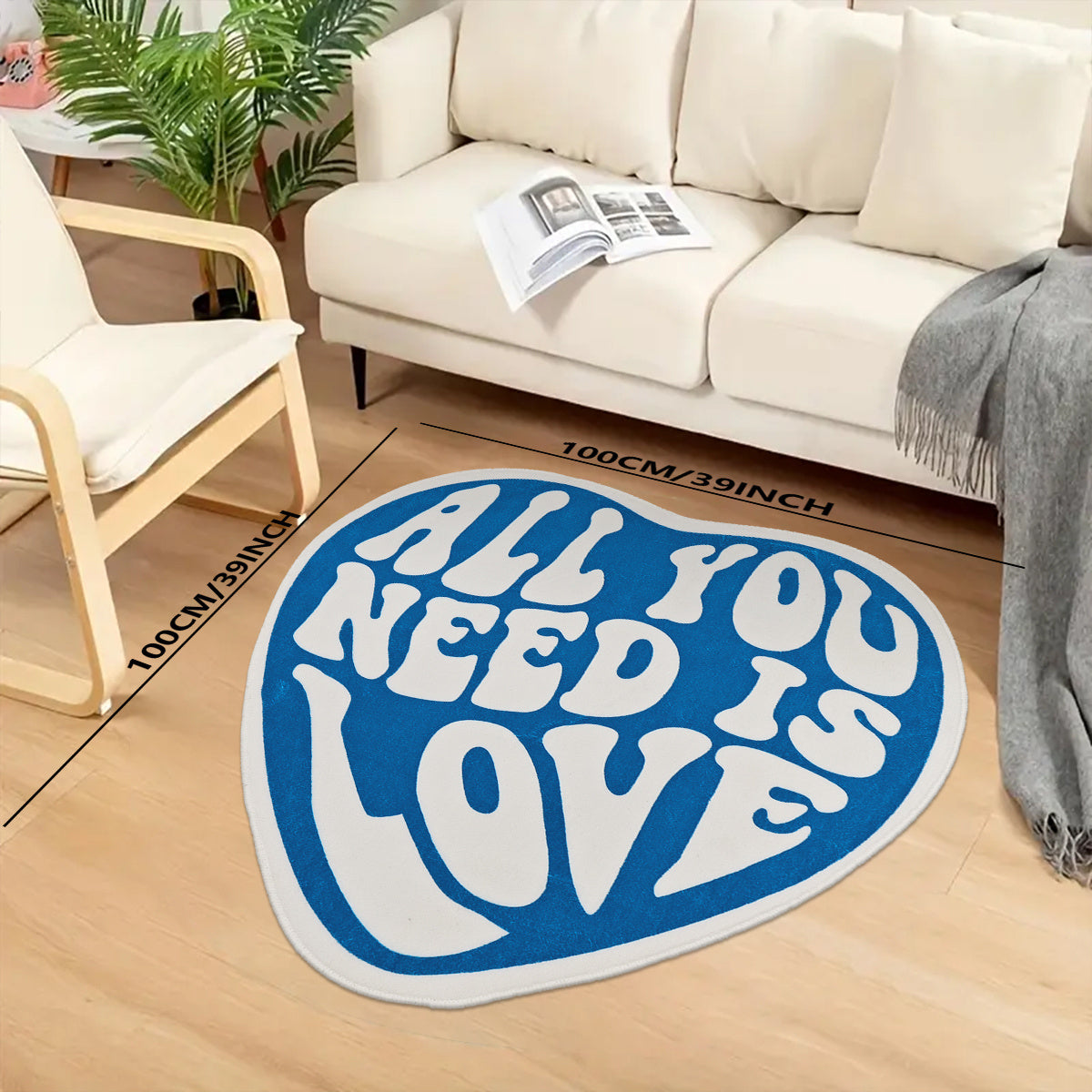 Soft and cozy love-themed carpet for bedroom and living room decor featuring plush velvet heart-shaped design. 8mm thick with non-slip backing for added safety. Hand-washable and perfect for entryway or home decor.