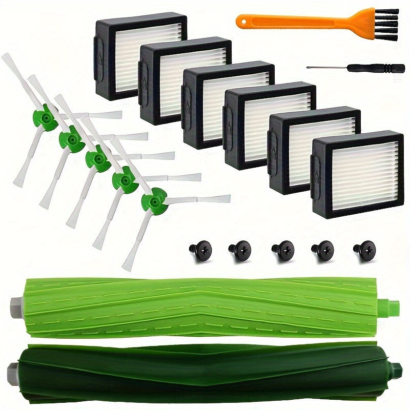 Replacement parts kit for iRobot vacuum series I7, I7+, I8, I8+, I1, I2, I3, I3+, I4, I4+, I6, I6+, E5, E6, E7, J6, J7, J7+. Kit includes 2 rubber brush rolls, 5 side brushes, 6 HEPA filters, and 2 cleaning tools.