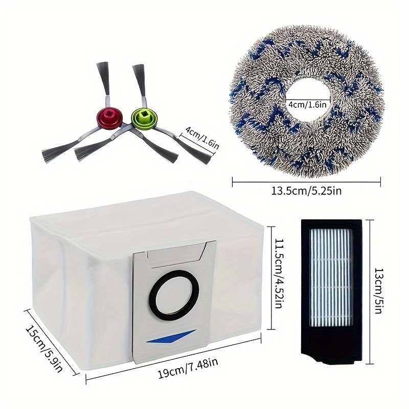 This package includes 17 pieces of replacement parts for the ECOVACS DEEBOTX1 Omni, X1TURBO, X1 Plus, and T10 Omni robotic vacuum cleaners. It includes 1 roller brush, 4 HEPA filters, 6 dust bags, and 6 side brushes.