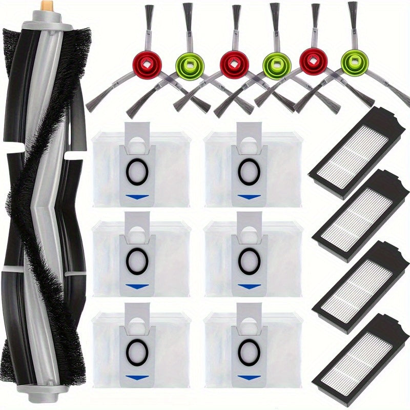 This package includes 17 pieces of replacement parts for the ECOVACS DEEBOTX1 Omni, X1TURBO, X1 Plus, and T10 Omni robotic vacuum cleaners. It includes 1 roller brush, 4 HEPA filters, 6 dust bags, and 6 side brushes.