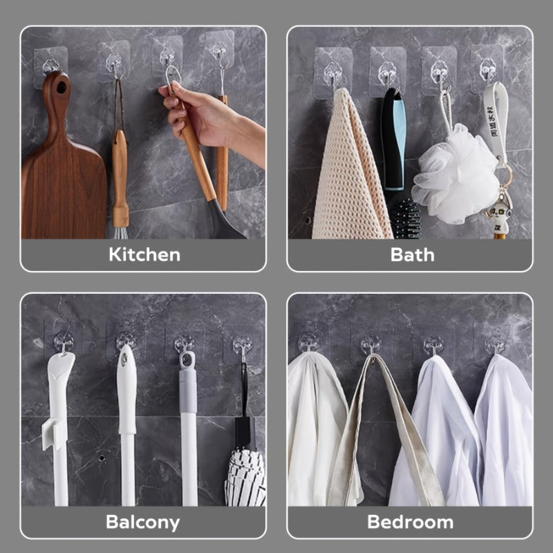 Set of 10 high-strength wall hooks with self-adhesive backing - Resistant to water and oil, clear seamless design perfect for organizing in the kitchen and bathroom.