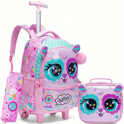 3-piece Cute Animal Rolling Backpack Set for Girls - Includes Trolley, Lunch Bag & Pencil Case - Great for School, Travel, Picnic & Camping - Ideal Gift