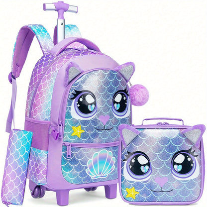 3-piece Cute Animal Rolling Backpack Set for Girls - Includes Trolley, Lunch Bag & Pencil Case - Great for School, Travel, Picnic & Camping - Ideal Gift