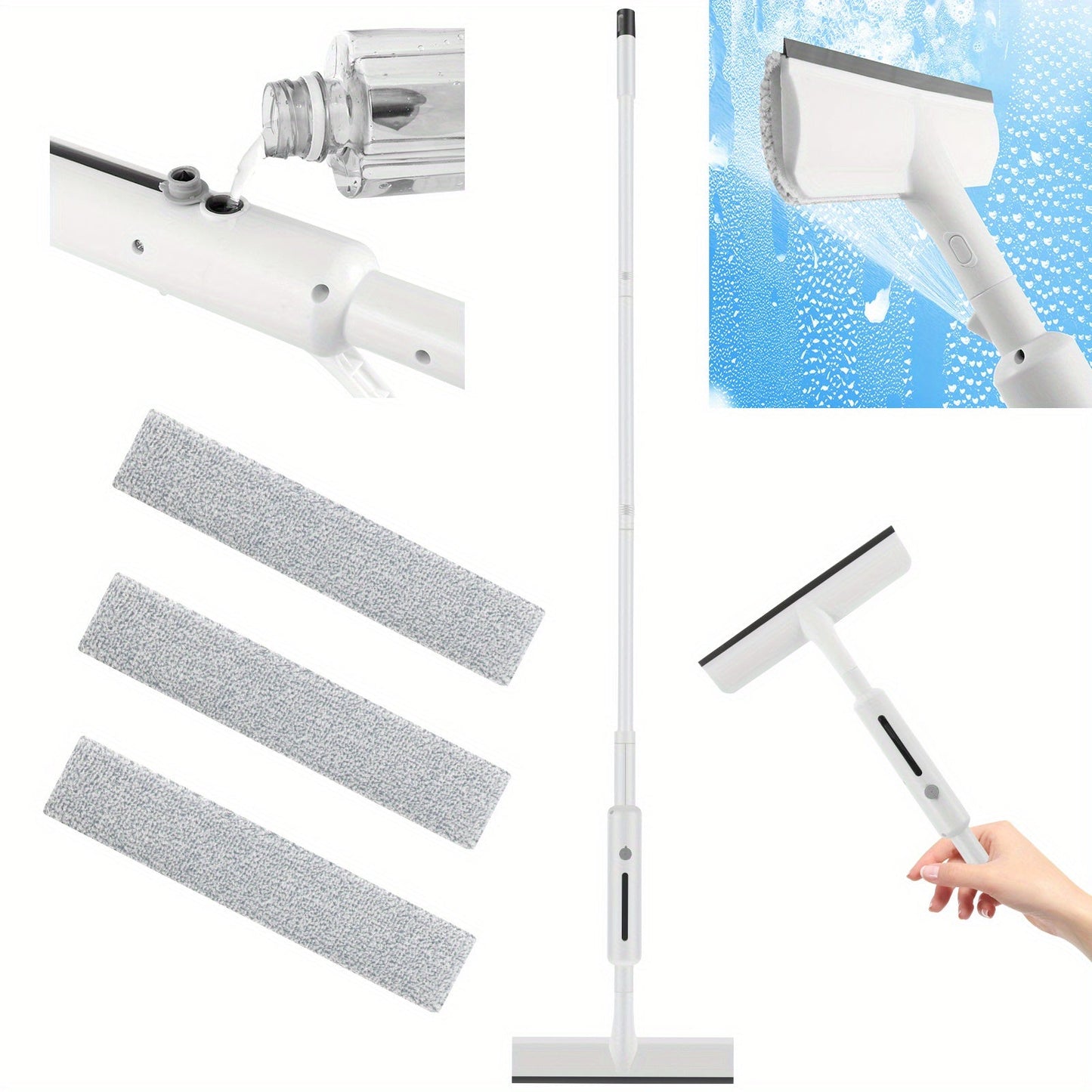 Professional Window Squeegee with Spray for a Sparkling Finish - Dual-Sided Design, Extendable Pole for High Windows & Glass Doors, Includes Microfiber Scrubbers for Effortless Cleaning