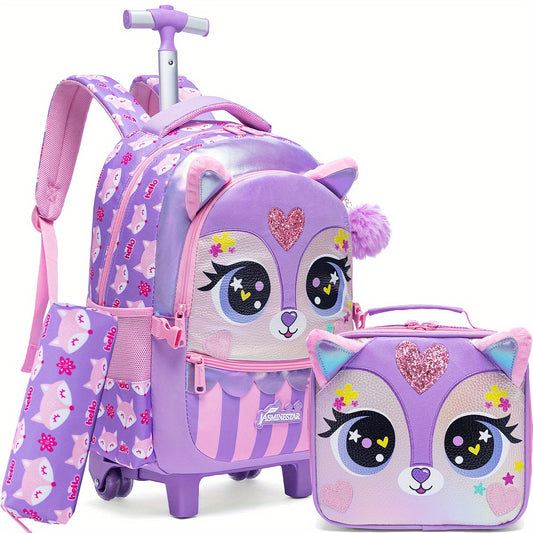 3-piece Cute Animal Rolling Backpack Set for Girls - Includes Trolley, Lunch Bag & Pencil Case - Great for School, Travel, Picnic & Camping - Ideal Gift