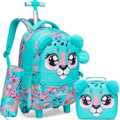 3-piece Cute Animal Rolling Backpack Set for Girls - Includes Trolley, Lunch Bag & Pencil Case - Great for School, Travel, Picnic & Camping - Ideal Gift