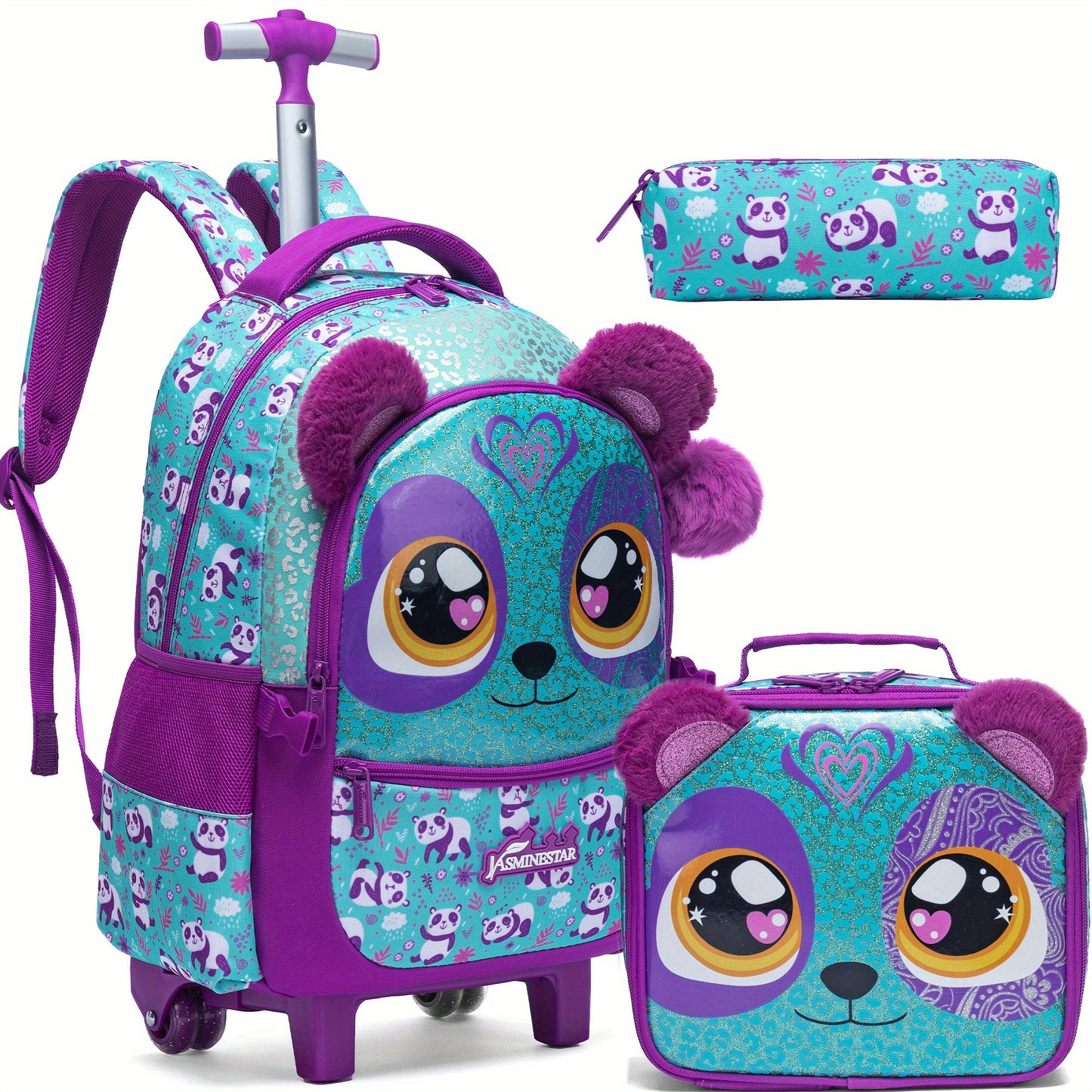 3-piece Cute Animal Rolling Backpack Set for Girls - Includes Trolley, Lunch Bag & Pencil Case - Great for School, Travel, Picnic & Camping - Ideal Gift