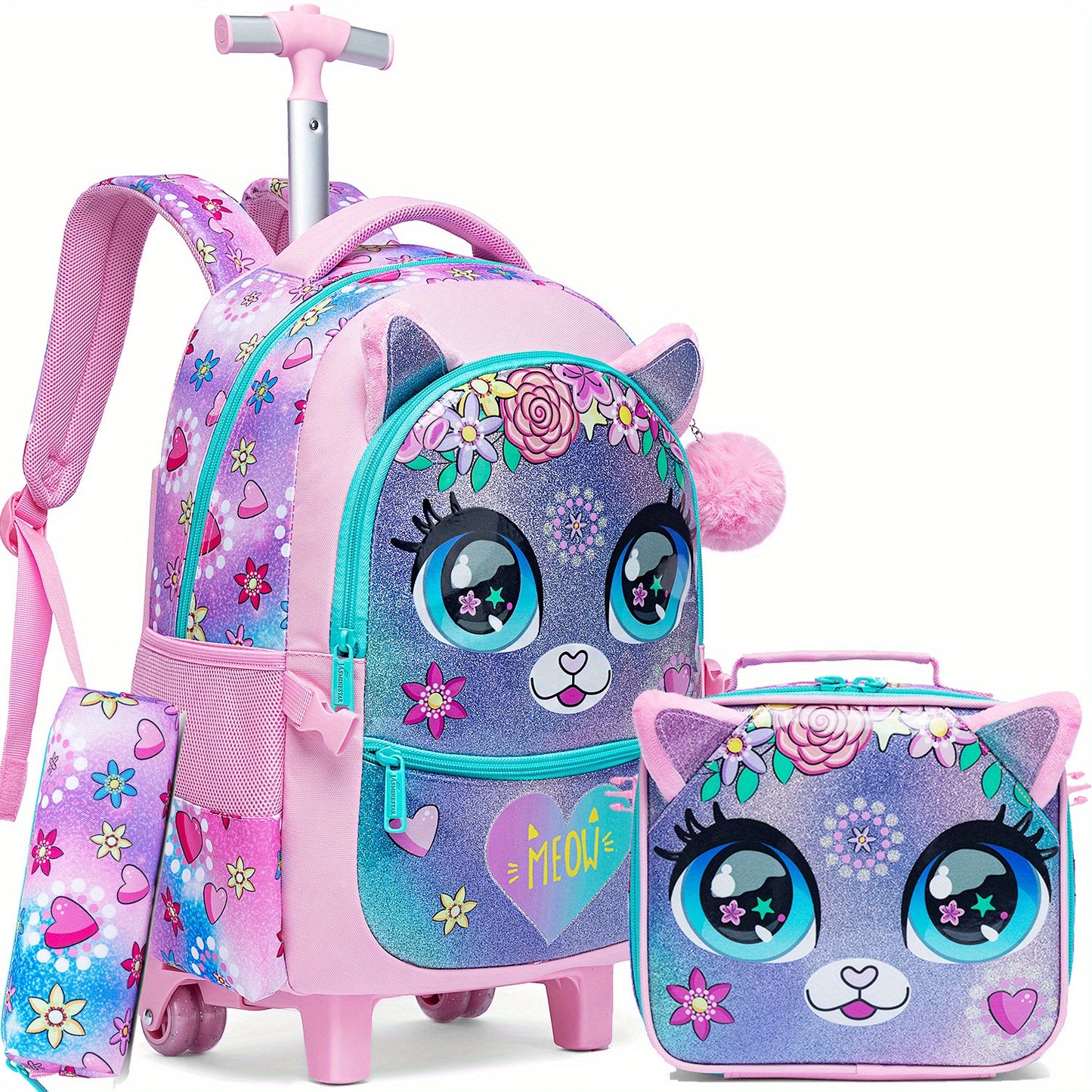 3-piece Cute Animal Rolling Backpack Set for Girls - Includes Trolley, Lunch Bag & Pencil Case - Great for School, Travel, Picnic & Camping - Ideal Gift