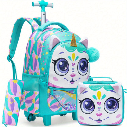 3-piece Cute Animal Rolling Backpack Set for Girls - Includes Trolley, Lunch Bag & Pencil Case - Great for School, Travel, Picnic & Camping - Ideal Gift