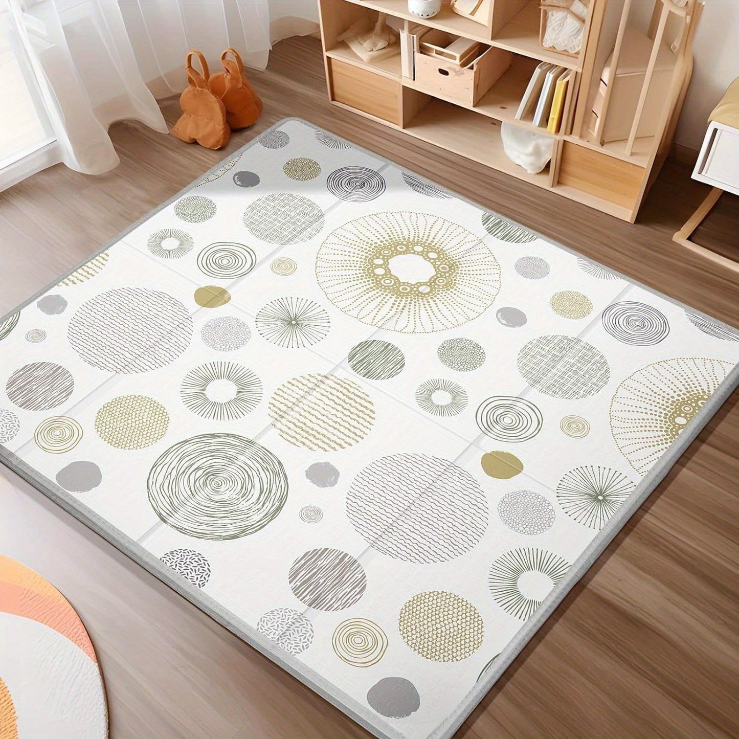 Dual-sided youngsters play mat measuring 149.86cm x 149.86cm, featuring a circles and lines design. Waterproof and non-slip, ideal for both indoor and outdoor use.