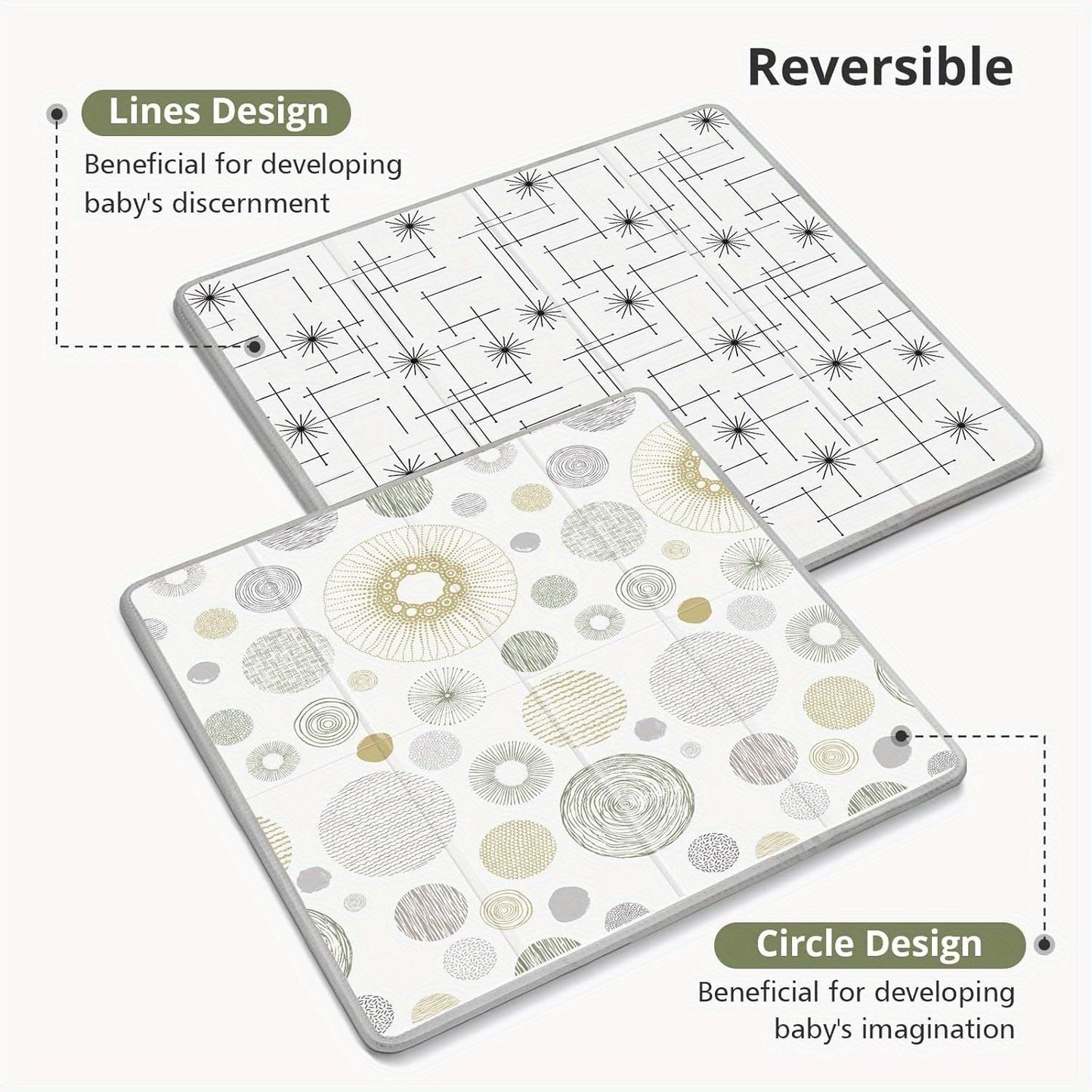 Dual-sided youngsters play mat measuring 149.86cm x 149.86cm, featuring a circles and lines design. Waterproof and non-slip, ideal for both indoor and outdoor use.