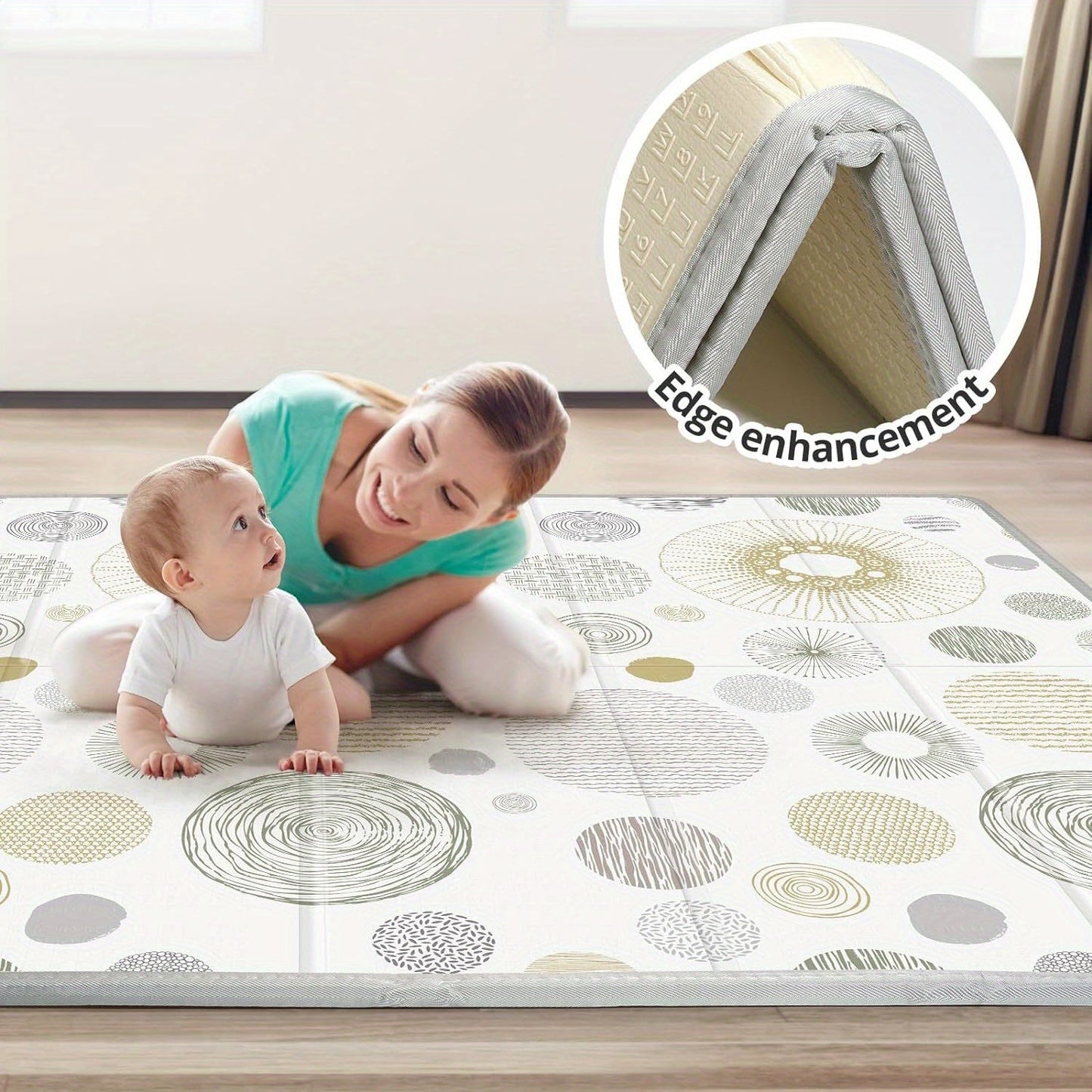 Dual-sided youngsters play mat measuring 149.86cm x 149.86cm, featuring a circles and lines design. Waterproof and non-slip, ideal for both indoor and outdoor use.