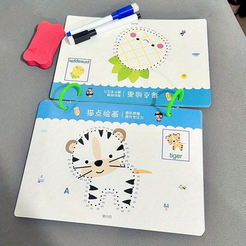 One set of 32-page practice tracking manuals for thinking and enlightenment exercises used in painting education, with free erasable writing stickers for children.