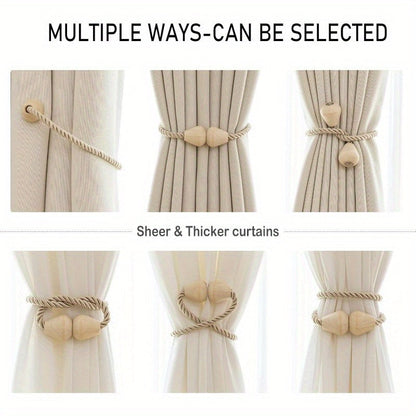 Set of 2 Wooden Magnetic Boho Rope Curtain Tiebacks for Drapes, Handmade Window Holdbacks in Beige Home Decor