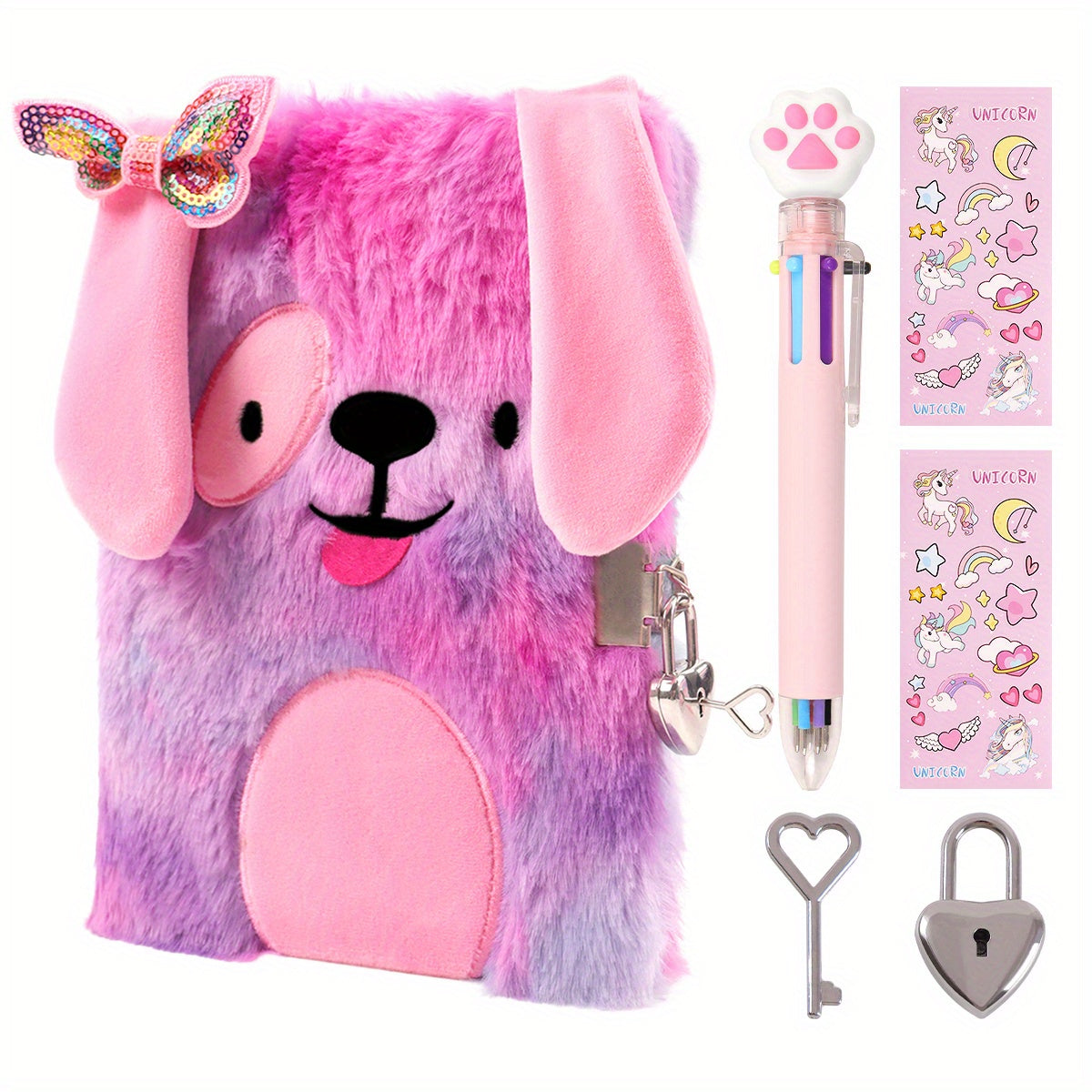 Cute Axolotl plush journal with lock, perfect for girls aged 6-8. Includes stickers and is great for writing and drawing. Features a tie-dye design.