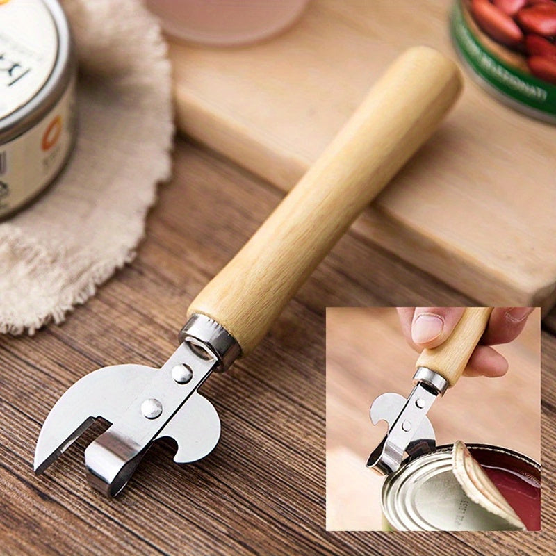 High-quality stainless steel can opener with wooden handle for easy grip. Suitable for kitchen, restaurants, and bars. Safe manual jar and bottle opener.